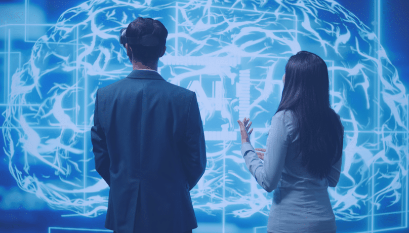 A man and woman observe a brain displayed on a screen, discussing generative versus agentic AI concepts.